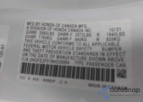 2022 Honda Civic Sport z USA, uszkodzony, nr VIN 2HGFE2F51NH539984